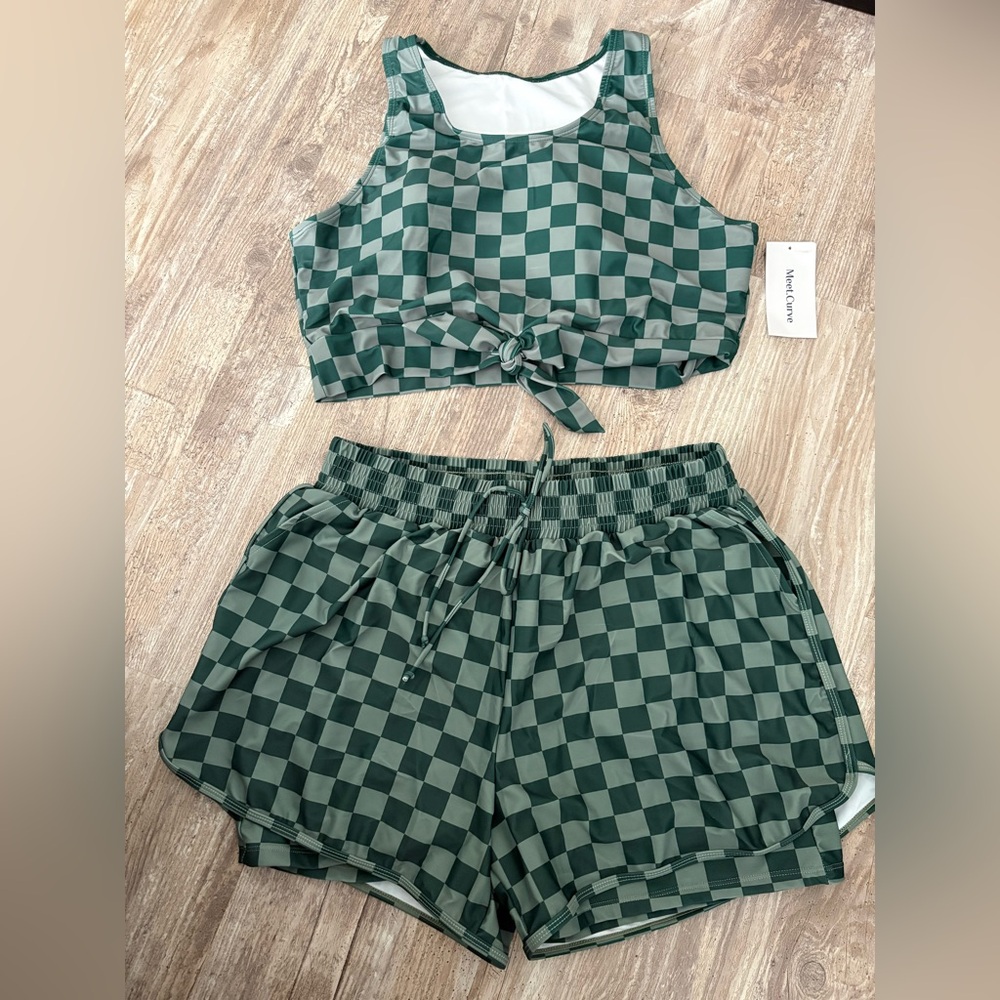 Green Checkered Crop Top and Shorts Set